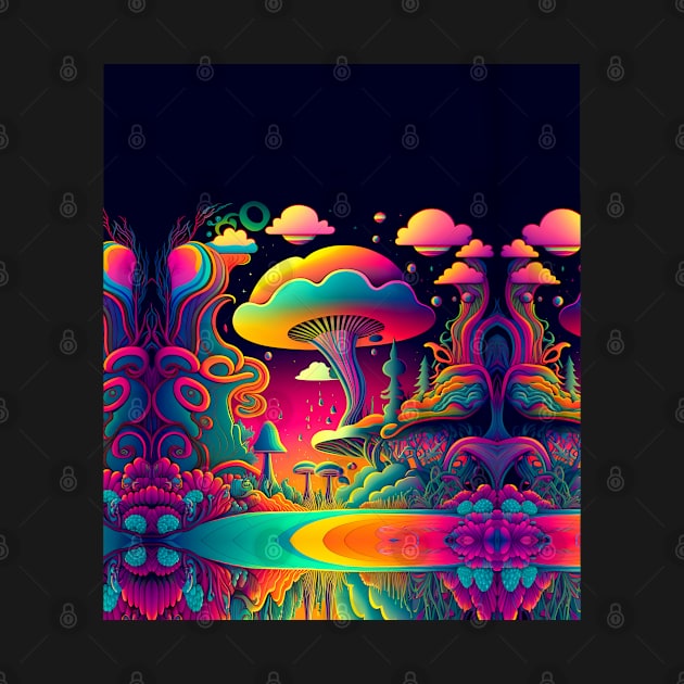 Psychedelic Dream Forest Filled with Colorful Mushrooms on a Dark Background by Puff Sumo