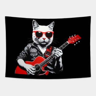 Funny Cat wearing sunglasses playing Guitar Guitarist Tapestry