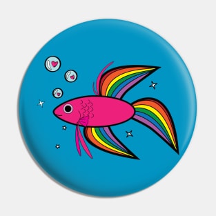 Rainbow Betta Fish with Heart-Filled Bubbles Pin
