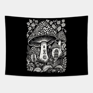 Mushroom House Village Forest Fantasy White Graphics Tapestry