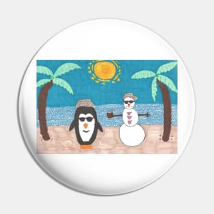 Penguin and Snowman Christmas Beach Vacation Pin