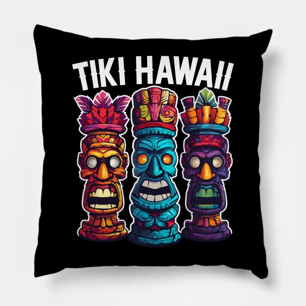 Three Tiki Statues - Tiki Hawaii (with White Lettering) Pillow by VelvetRoom