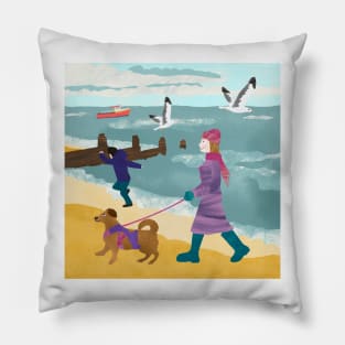 Paper cut collage of lady walking dog on Whitstable beach in the winter Pillow