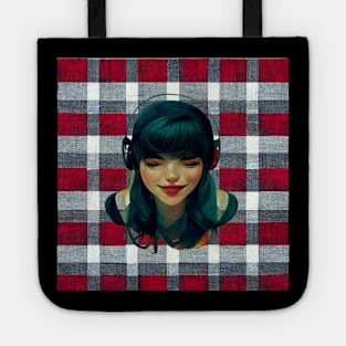 Girl listening to her music on headphones on a plaid background. Tote