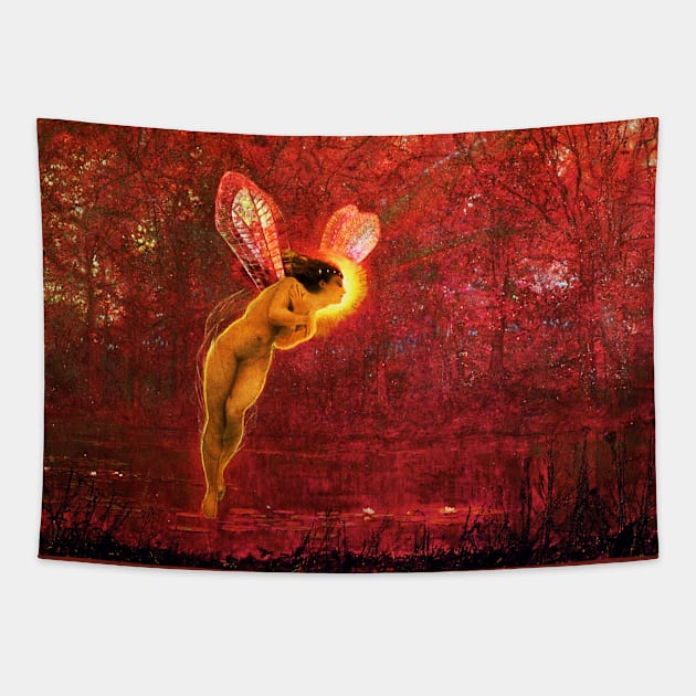 IRIS,SPIRIT OF THE RAINBOW IN AUTUMN Red Pink Hues by John Atkinson Grimshaw Tapestry by BulganLumini