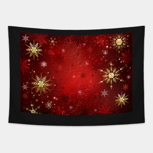 Red Background with Gold Snowflakes Tapestry