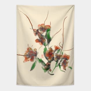 red watercolor and sumiE ink flowers Tapestry