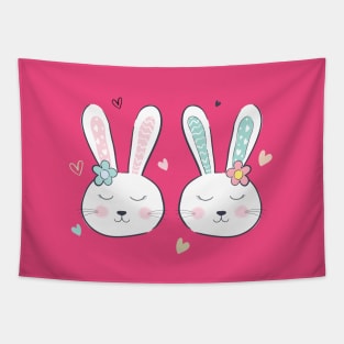 Cute Easter Bunnies with Hearts. Easter Day Funny Art Tapestry