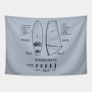 Windsurfer Equipment Gear Board, Sail and Fins Legend Vintage Black Drawing Tapestry