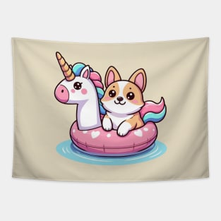 Kawaii corgi pool party Tapestry