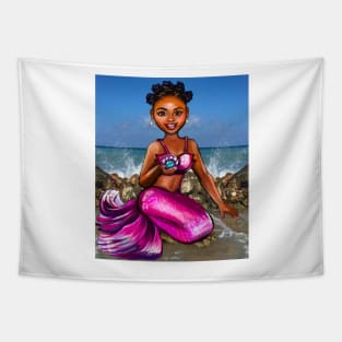 Mermaid Anime mermaid holding a rare black pearl #2 Afro hair in Bantu knots  and caramel brown skin - light background Tapestry