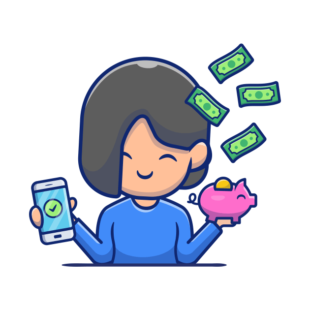 Cute Girl Holding Phone And Piggy Bank With Money by Catalyst Labs