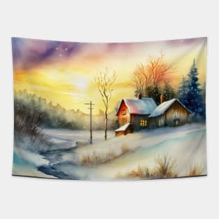 Chritsmas Snow Winter Watercolor Landscapes series 12 Tapestry