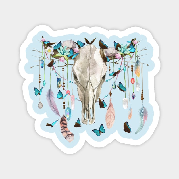 Butterflies Crystals And Flowers On A Cow Skull Magnet by LittleBunnySunshine