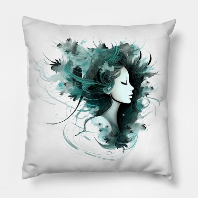 Flowers and Feathers in her hair Pillow by Liana Campbell