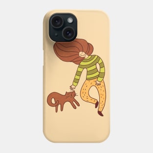 Cool girl with brown hair and brown cat walking, version 6 Phone Case