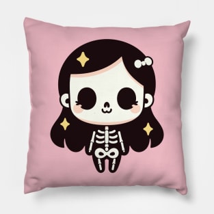 Cute Skeleton Girl in Kawaii Chibi Style | Happy Halloween Skeleton Costume Pillow