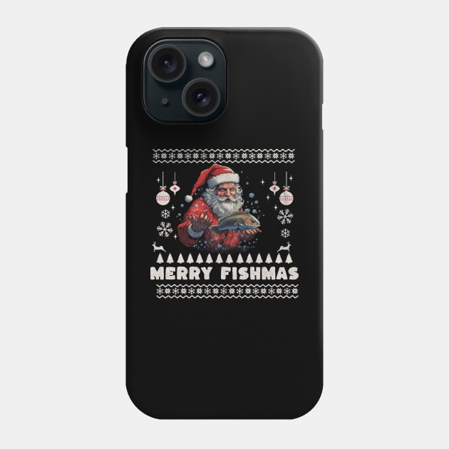 Merry Fishmas Santa Fishing Ugly Christmas Sweater Phone Case by VisionDesigner