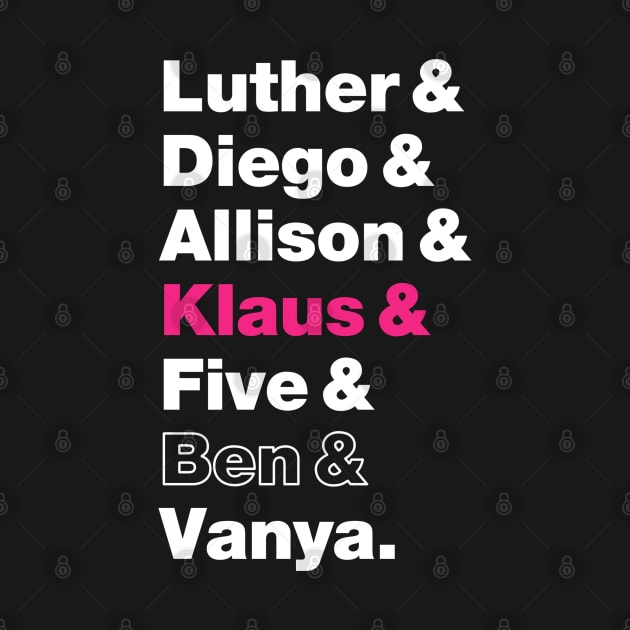 Umbrella Academy Character Names - Pink Klaus Hargreeves, Ben Hargreeves Outline by viking_elf