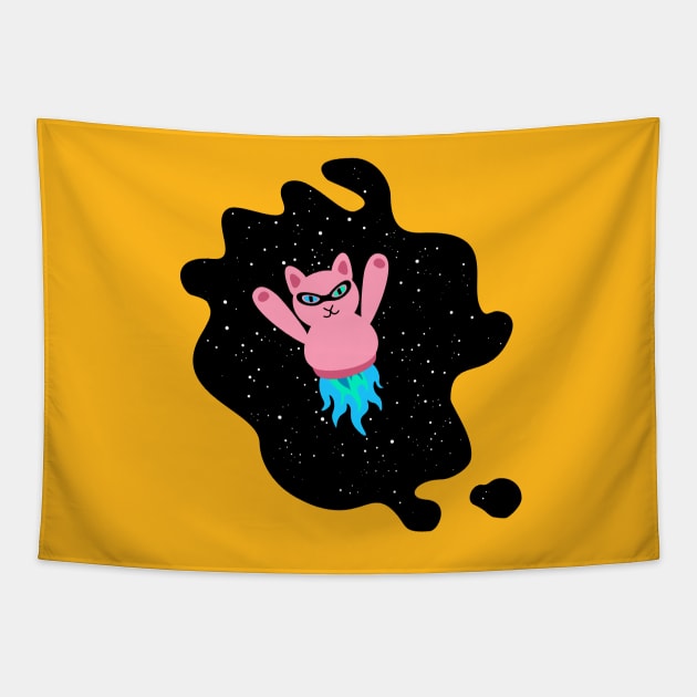 Pink Rocket Cat (funny, crazy, cute space) Tapestry by XOOXOO