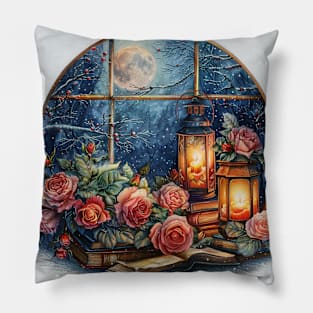 Fantasy winter starry night window Pillow