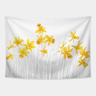 yellow daffodils field watercolor and pencil Tapestry