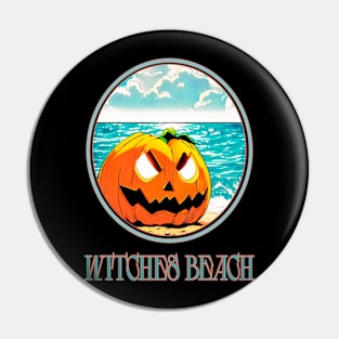 aggressive laughing halloween pumpkin on the beach with a tan on the bloody witches beach Pin