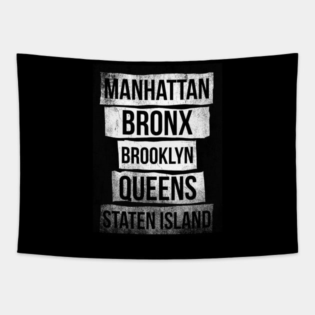 The 5 Boroughs of NY Distressed List Tapestry by APSketches