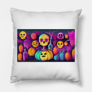 Digital Art of Skeleton Sitting on Top of Pumpkin Pillow