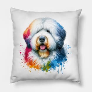 Bright Watercolor Old English Sheepdog Pillow