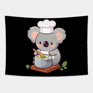 Cute koala chef with chef apron making soup, koala bear cooking illustration, koala lover chef Tapestry