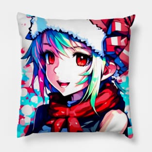 Anime Girl Christmas Hat Blue Green Hair Pillow