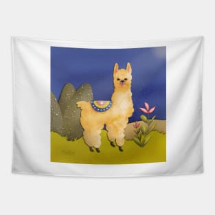 Cute llama in the dark desert night Tapestry