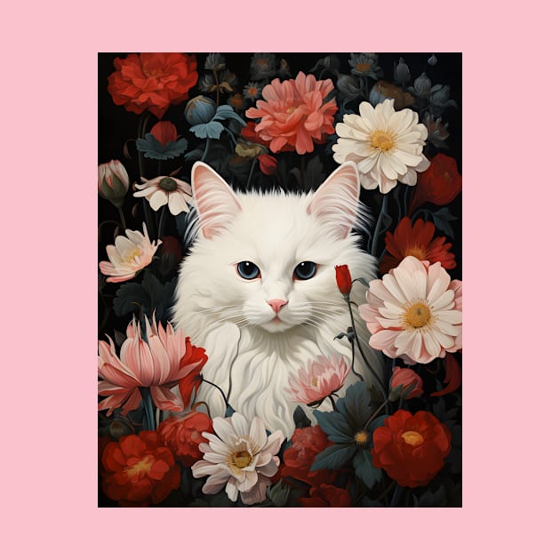 Feline Garden Delight: Retro Vintage Fluffy White Cat surrounded in Flowers by KittyStampedeCo