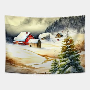 Chritsmas Snow Winter Watercolor Landscapes series 1 Tapestry