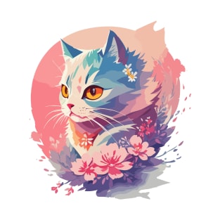 Cute Cat Japanese Style with flowers 2 T-Shirt