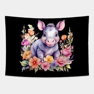 A baby hippo decorated with beautiful watercolor flowers Tapestry