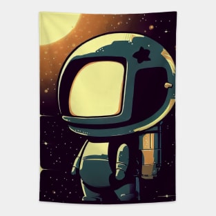 Cute little vintage cartoon astronaut with jetpack in space Tapestry