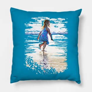 Little girl playing on the beach Pillow