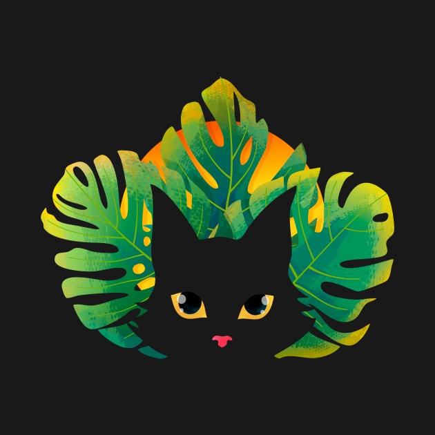 Black Cat with Tropical Leaves in the Sunset by zorrorojo