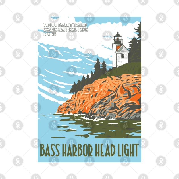 WPA Poster of Bass Harbor Head Light in Mount Desert Island, Acadia National Park, Maine by JohnLucke