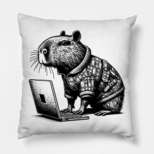 Punk Rock Goth Capybara on Computer Vintage Style Pillow