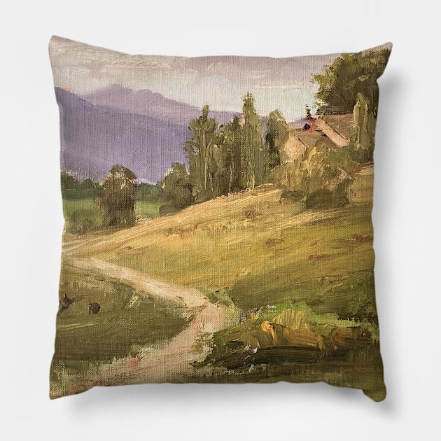 Vintage Oil Painting Landscape Nature Barn Trail Pillow by Gallery Digitals