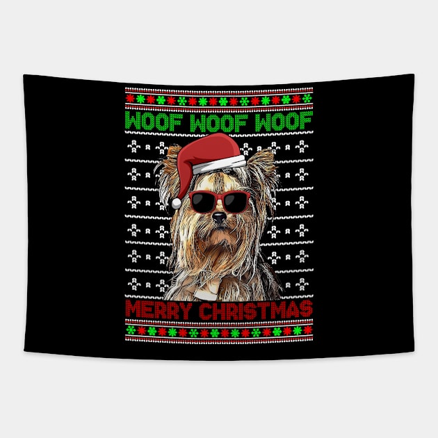 Yorkshire Terrier Dog Funny Woof Merry Christmas Tapestry by TheBeardComic