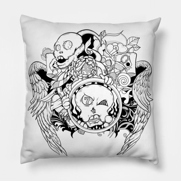 Dope skull characters with wings inking illustration Pillow by slluks_shop