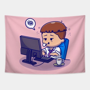 Cute People Tired Working On Computer Cartoon Tapestry