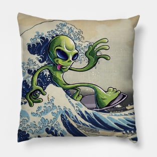 Alien surfing the Great Wave Off Kanagawa. Martian surfer. Pillow