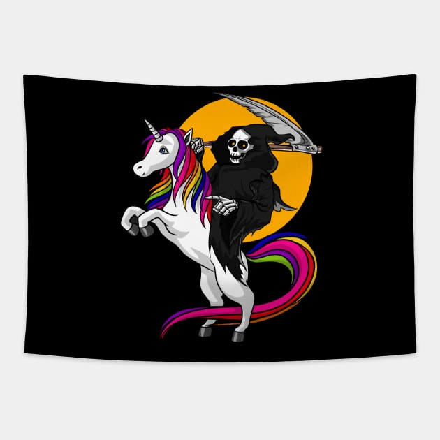 Grim Reaper Riding Unicorn Tapestry by underheaven