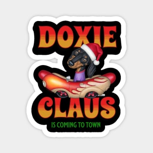 Cute Doxie Dog in classic car on  Claus Dachshund is coming to Town Magnet