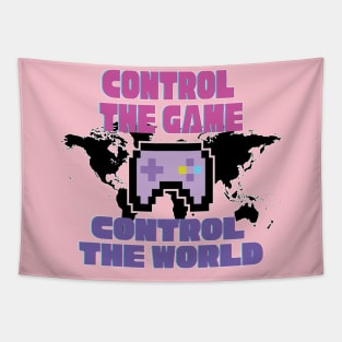 Gaming joysticks in a pixel drawing with tagline, Control the Game, Rule the World Tapestry